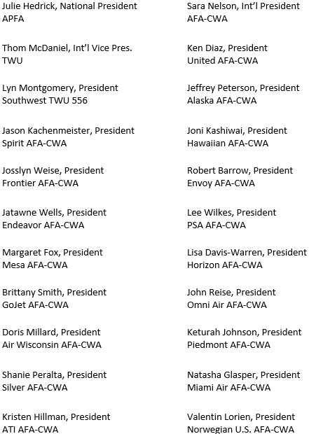 Signatures from Flight Attendant Union Representatives